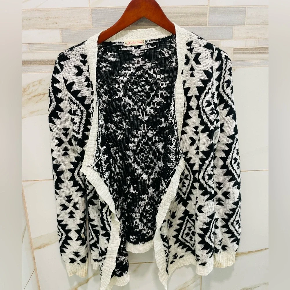 Black & White Aztec Cardigan | Open Front Knit Sweater | Boho Tribal Print M - Picture 4 of 11
